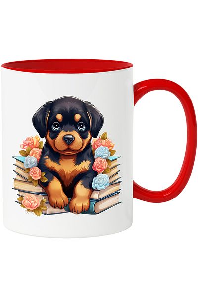 StoryGift Romania Mug with a Rottweiler puppy sitting on some books | stacks | flowers | nature, With ,STG