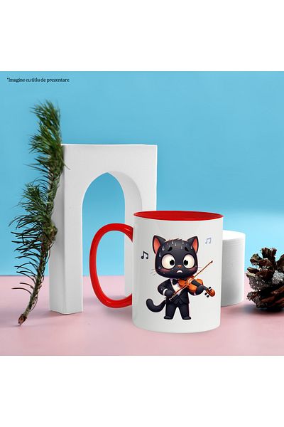 StoryGift Romania Mug with a black cat playing the violin, illustration, excited, stressed, , With ,STG