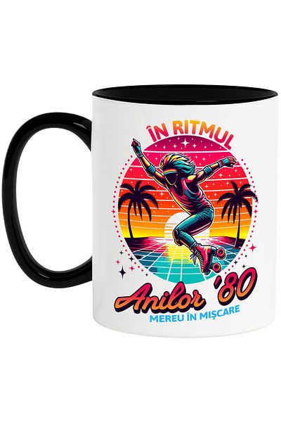 StoryGift Romania Mug Woman on Roller Skates in the Rhythm of the 80s Fun, 330ml, Ceramic with Black Handle, With