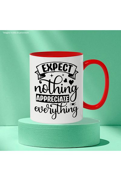 StoryGift Romania Mug with hearts and the text "Expect nothing, appreciate everything" with Red Handle, With ,STG.