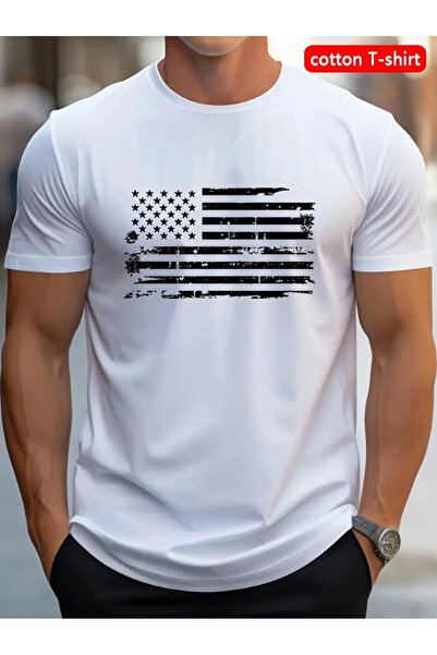 AEMİ Unisex američka zastava Štampano Oversize kroj okrugla kragna T-shirt