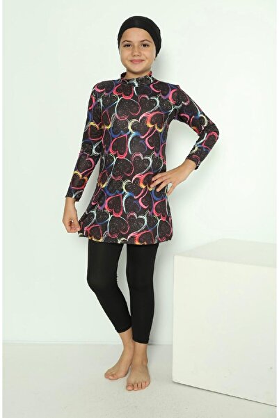 tusem butik homewear Girl's Black Color Heart Patterned Water Repellent Quick Drying Long Sleeve Tights Boned Swimsuit