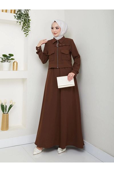 EFSUN MODA بدلة صوفية بجيب وسروال وسترة بسحاب بني 765