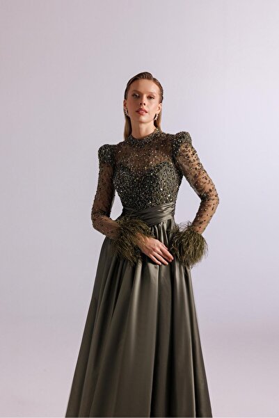 Kenzel Transparent Sleeve and Shoulder Feathered Evening Dress