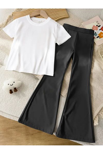 LOUİSA Girl Floral Ribbons Back Printed White T-Shirt-Black Flared Leggings Set
