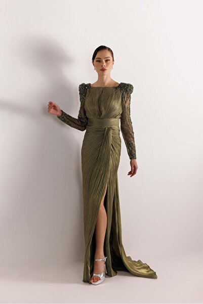 Kenzel BÜYÜK BEDEN KOLLARI DANTEL TAŞLI PLİSELİ ABİYE ELBİSE