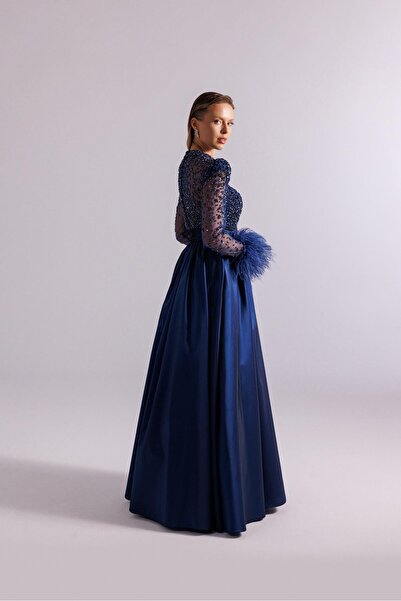 Kenzel Transparent Sleeve and Shoulder Feathered Evening Dress
