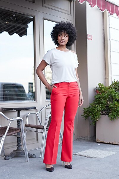 Jument Thick Belted Pocketed Spanish Wide Leg L Stretch Fabric Fabric Trousers-Red