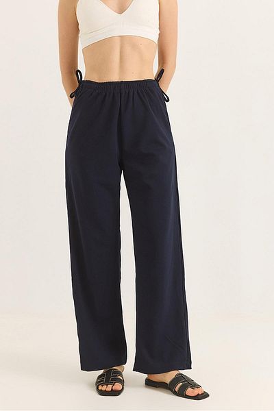 Raneel Kazançlı Alışveriş Wide Leg Trousers with Rope Detail on the Sides Navy Blue