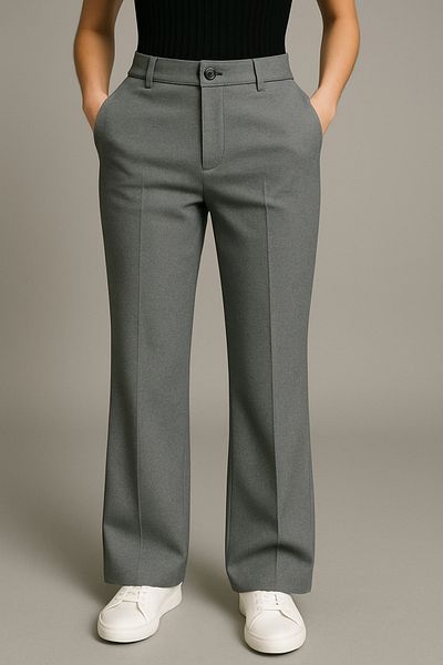 Tutals Women's Gray Color High Waist Draped Regular Fit Classic Fabric Trousers