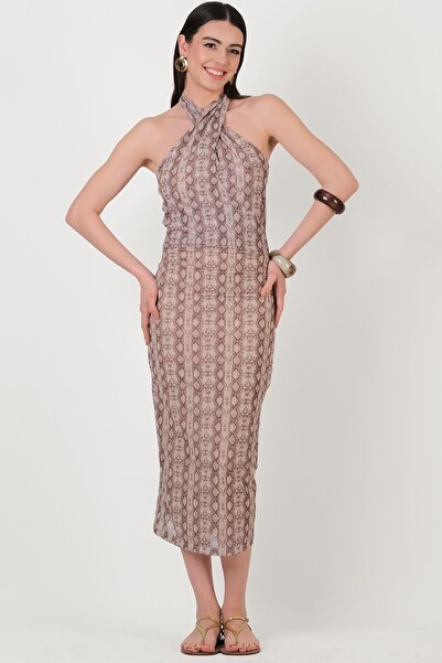 Spazio Evigan Halter Yaka Büzgülü Elbise BEJ