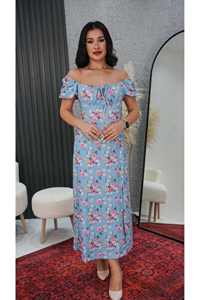 Neva Wear Kare Yaka Çiçekli Yırtmaç Detay Uzun Elbise