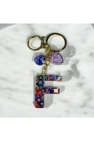 DKY Letter F Evil Eye Beaded Keyring Bag Charm Bag Accessory