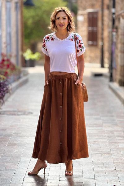 Nevin Kaya Moda Καφέ Λινό Φούστα με Κουμπί Μπροστά