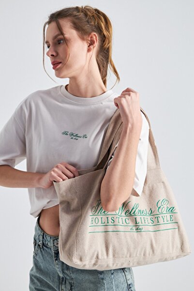 The Champ Clothing The Wellness Era Kadın Beyaz %100 Pamuk Tişört Yeşil Yazıl...