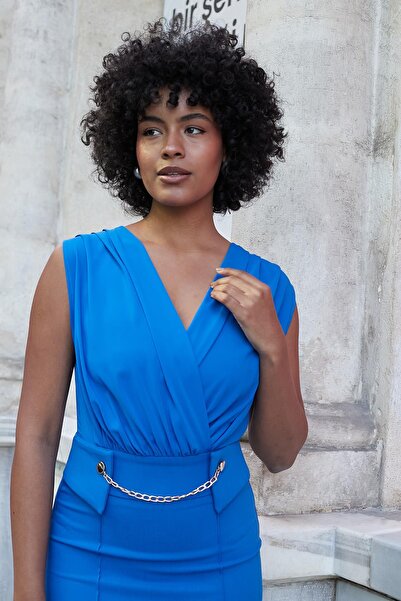 Jument Women's Double Breasted Wrap Shoulder Pleated Front Stylish Evening Dress Knee Length Dress with Shirred Accessories-Saks