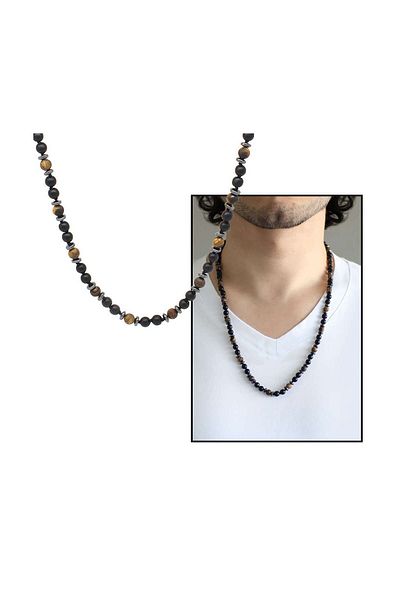 Tesbihane Macrame Braided Tiger Eye-onyx-hematite Combination Natural Stone Men's Necklace