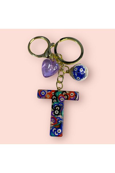 DKY Letter t Evil Eye Beaded Keyring Bag Charm Bag Accessory