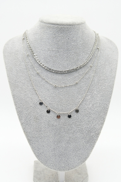 TAKIBOX Triple Chain Model Silver Color Sequin Figured Necklace