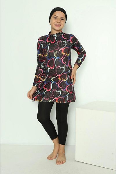 tusem butik homewear Girl's Black Color Heart Patterned Water Repellent Quick Drying Long Sleeve Tights Boned Swimsuit