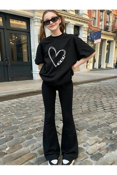 LOUİSA Girls Butterfly Heart Printed Black T-Shirt-Black Flared Leggings Set