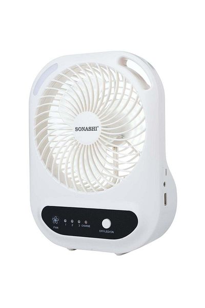 sonashi مروحة صغيرة قابلة لإعادة الشحن مقاس 6 بوصات مزودة بإضاءة LED - 3 سرعات (عالية/متوسطة/منخفضة) | شحن بالطاقة الشمسية وبنك طاقة F