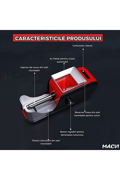MACVI Macvi® Electric Cigarette Maker, 3 Grinding Levels, Tobacco Injector, Red/Black