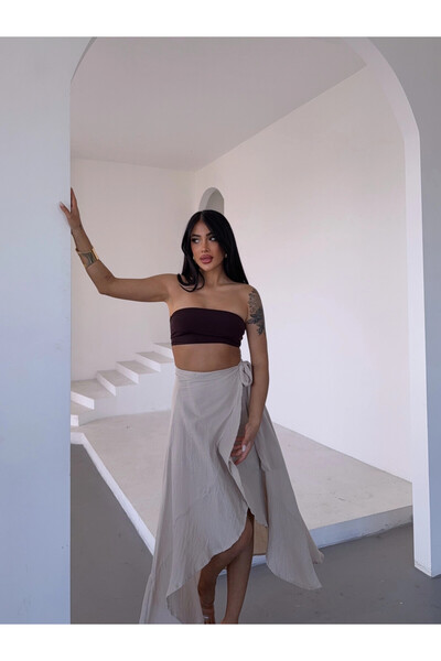 hazelin Kadım Bej Belden Bağlamalı Asimetrik Müslin Etek HZL25S-DSB117801