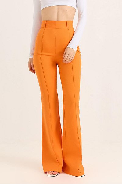 Raneel Kazançlı Alışveriş High Waist Checked Flared Trousers Orange