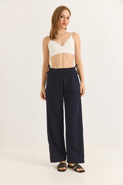 Raneel Kazançlı Alışveriş Wide Leg Trousers with Rope Detail on the Sides Navy Blue