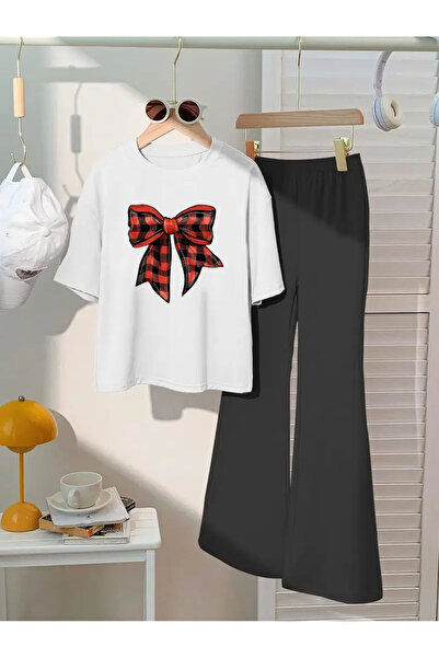 MORNİNG KİDS Devojčina crveno-crna traka Štampano bela majica-crna Zvonaste n...