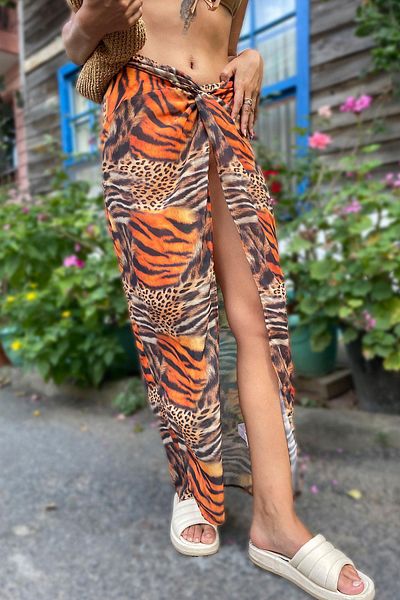 For You Woman Chiffon Leopard Skirt with Front Tie Detail