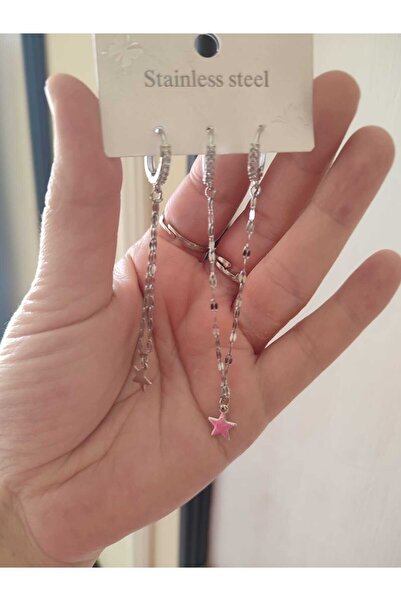 HKN AVM ACCESSORİES Çelik Kararmaz Charm Gümüş Renk Halka Küpe Çoklu Küpe Yıldız Zincir Taslı Küpe