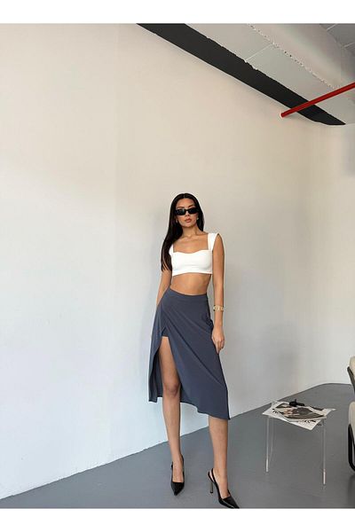 MEBA Women's Sandy Fabric High Waist Slit Midi Length Short Skirt with Inner Pocket Shorts, Flared Skirt