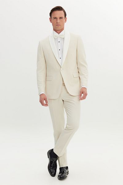 ALTINYILDIZ CLASSICS Slim Fit Dark Cut Out Shawl Collar Jacket with Pockets Flexible Groom's Ensemble Ivory Dinner Suit