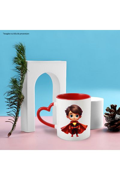 StoryGift Romania Cana Cu Un Baiat In Costum De Erou | Ilustratie | Pelerina Rosie | Vesel | Super, Cu ,stg