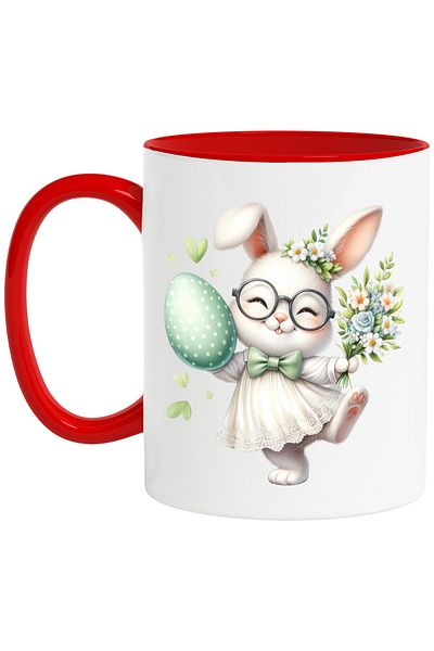 StoryGift Romania Mug with a bunny in a white dress, illustration, painted egg, plants, flowers, , With ,STG
