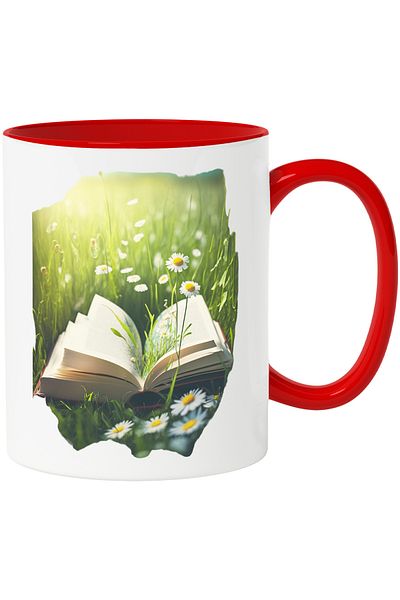StoryGift Romania Mug With Flowers Growing from a Book, Field of Flowers, Ceramic, 330ml, with Red Handle, With, STG