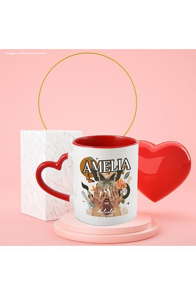 StoryGift Romania Mug With Name Amelia, Girl Collage, Butterfly, Flowers, Circle, 330ml, Ceramic with Handles, With ,STG