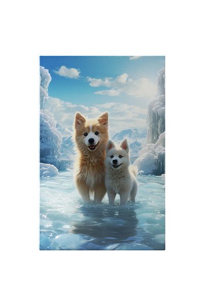 StoryGift Romania Tablou Canvas: Catelusul Alb Micut Alaturi De Prietenul Lui Catelul Blanos In Apa Inghetata Si