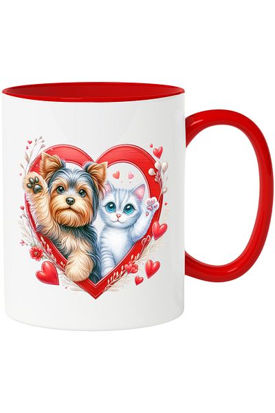 StoryGift Romania Mug with a kitten and a furry puppy making a hand gesture | illustration | frame in f, Cu,STG