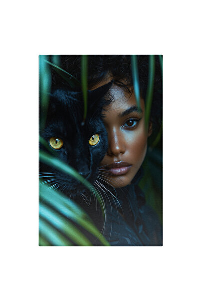 StoryGift Romania Tablou Canvas Mulatra Cu Ochii Caprui Si Sprancene Stufoase Langa Pisica Neagra Draguta In Roc