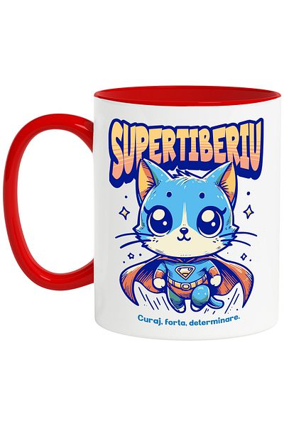StoryGift Romania Super Tiberius Mug, Superhero, Flying Cat, 330ml, Ceramic with Red Handle, With Handle, STG.