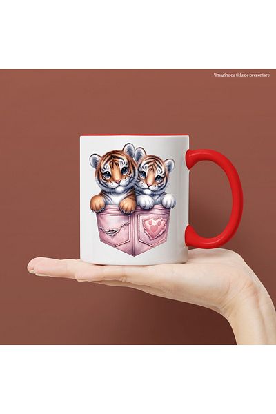 StoryGift Romania Mug with 2 tigers sitting in pockets, illustration, close, crowded, cheerful, With ,STG