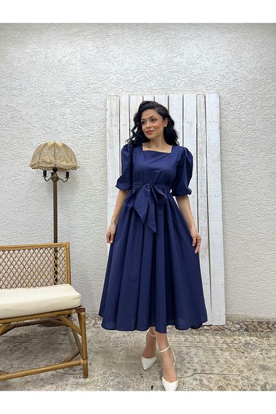 KÜÇÜĞÜM BUTİK Rochie din popelin evazată cu fundă mare, albastru bleumarin