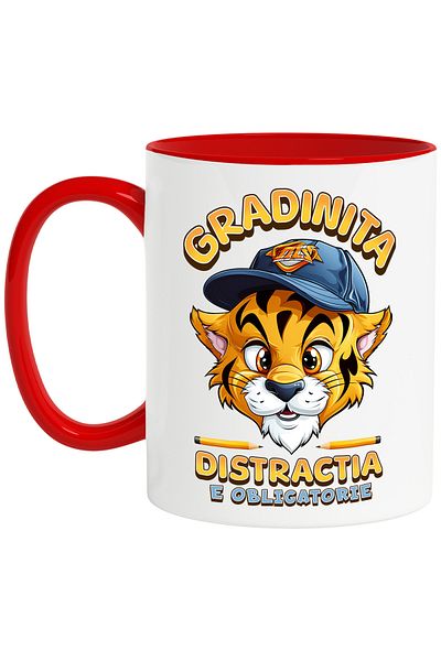 StoryGift Romania Lion cub mug, child, kindergarten fun, 330ml, Ceramic with Red Handle, With Ro Handle, STG