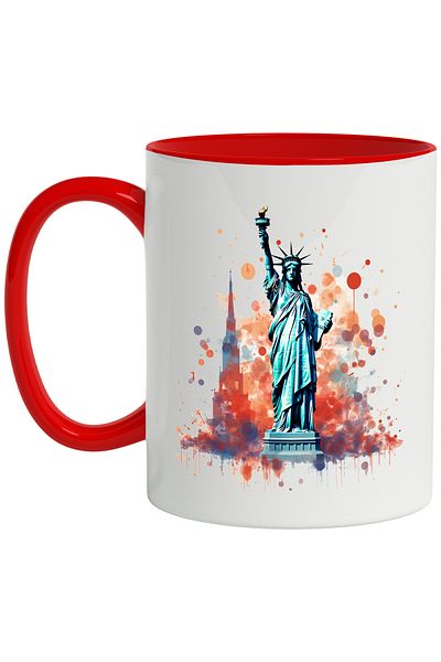 StoryGift Romania Mug With Monument, Statue of Liberty, USA, Watercolor, Multicolor 330 ml, Ceramics, With, STG.