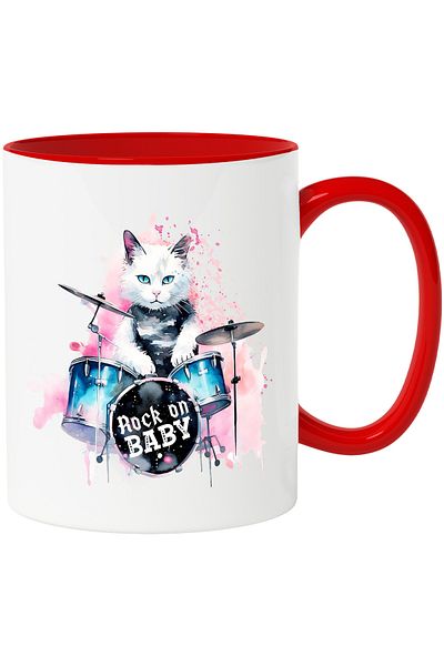 StoryGift Romania Mug with drummer cat with the message "Rock on Baby", pink background, illustration, white, With ,STG