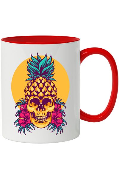 StoryGift Romania Skull Mug, Pineapple, Flowers, Hibiscus, Tropical, Leaves, Multicolor 330 ml, Sky, With ,STG