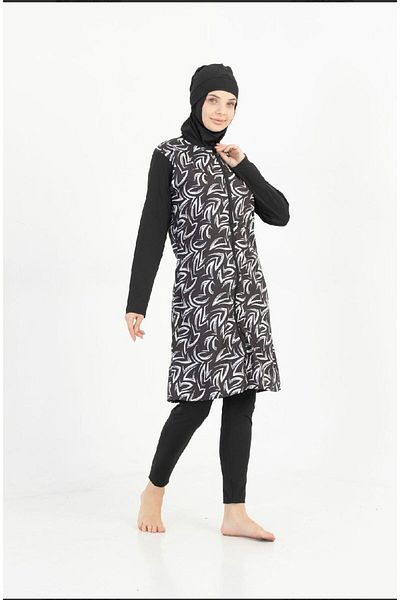tusem butik homewear Women's Black and White Patterned Quick-Drying Full Covered Front Zipper Long Sleeve Tights Bonneted Swimsuit